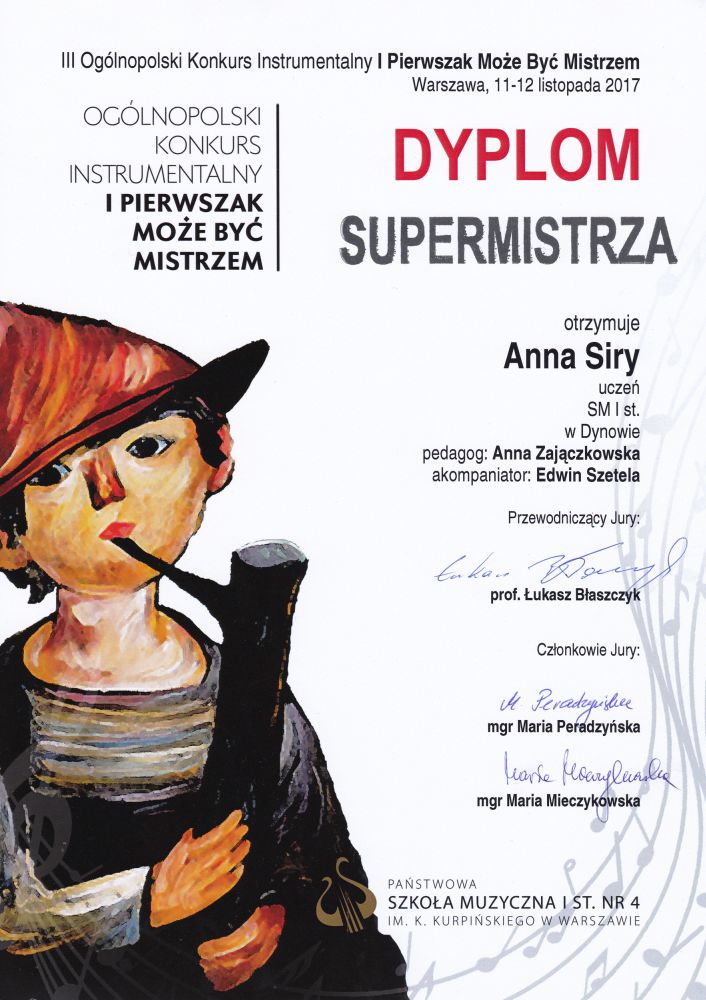 Dyplom dla Anny Siry – III Ogólnopolski Konkurs Instrumentalny