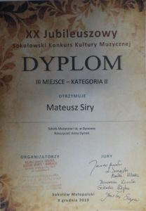 Sukces pianistów z klasy Pani Anny Dymek na XX Jubileuszowym konkursie w Sokołowie Małopolskim